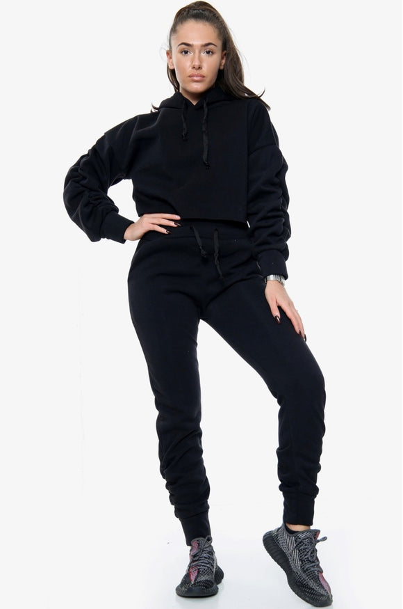 Black Cropped Ruched Loungewear Co-Ord Set