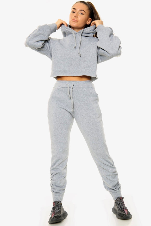 Grey Cropped Ruched Loungewear Co-Ord Set